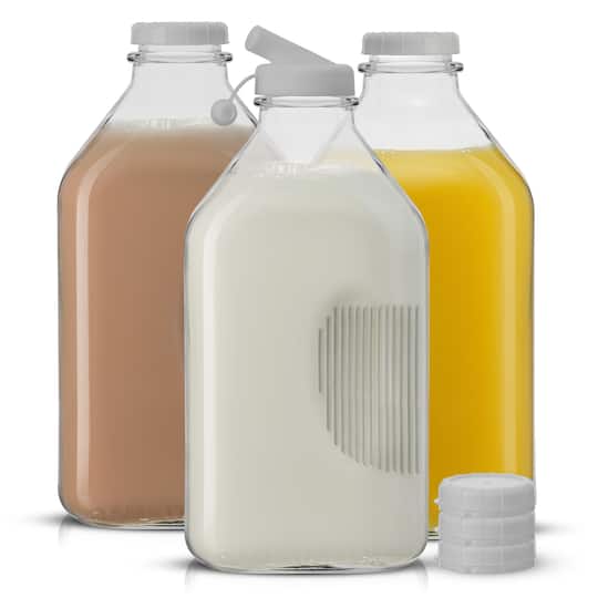 JoyJolt® Reusable Glass Milk Bottle Set with Lid & Pourer
